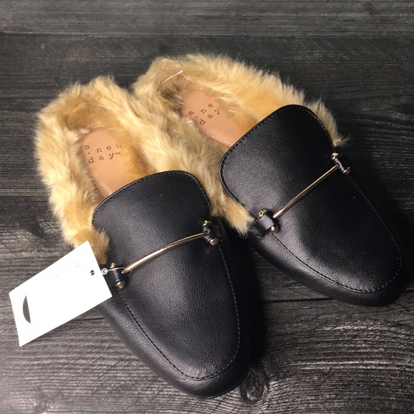 faux leather fur backless mules